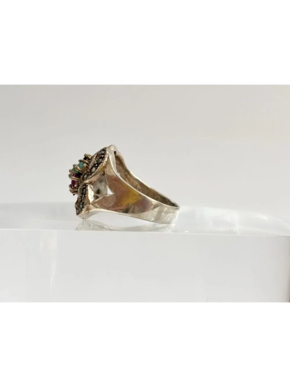 Art Deco Marcasite, Emerald, Garnet Sterling Silver 925 Vintage Ring - sz 9.75